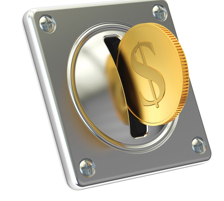 Coin Acceptor with golden coin, 3D rendering